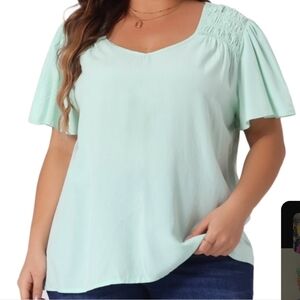 Agnes Orinda Aqua Rouched Sleeve V Neck Blouse. NWT